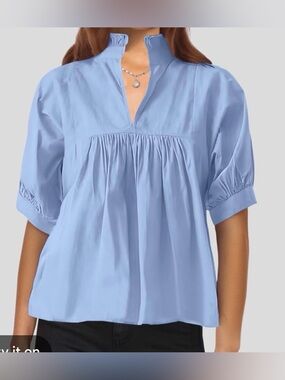 Cicy Bell Light Blue Women's Ruffled Split-Neck Blouse